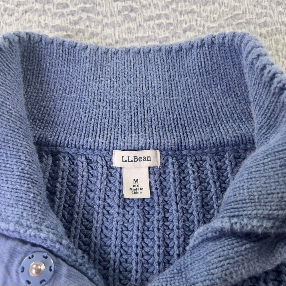 LL Bean Sweater Womens Medium Blue Striped 1/4 Snap Mock Neck Chunky Knit Cotton - Picture 4 of 8